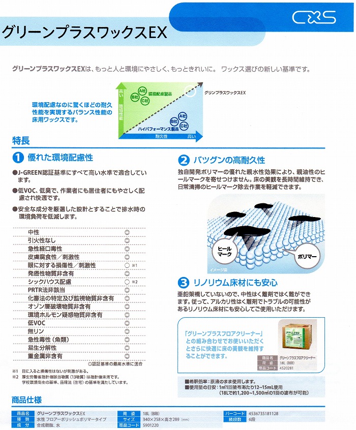 グリーンプラスワックスEX 18L リノリウム床にも安心環境対応樹脂