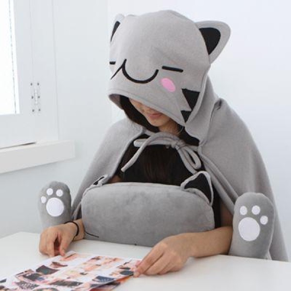 韓国雑貨 ゴニャンイ(ネコ)フード付きマントブランケット［BLACK / GRAY］｜かわいい｜お土産｜