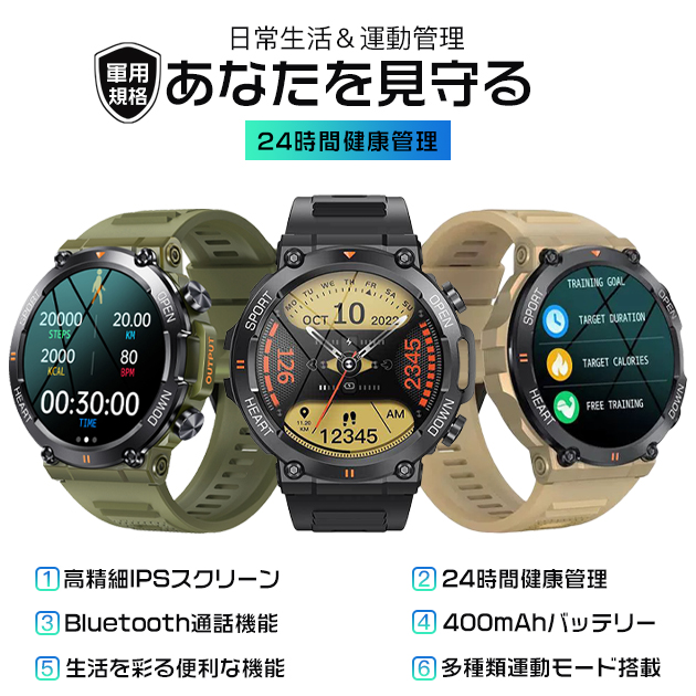 スマートウォッチ 軍用規格 軍用 丸型 2025 防水 ヘルスウォッチ 日本製センサー LINE 通話機能 血圧測定 体温 血圧 メンズ 万歩計 腕時計 iPhone対応 | iPhone | 04