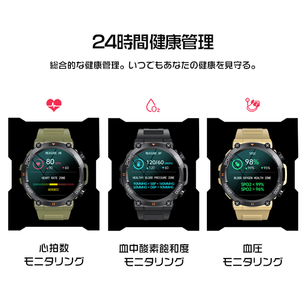 スマートウォッチ 軍用規格 軍用 丸型 2025 防水 ヘルスウォッチ 日本製センサー LINE 通話機能 血圧測定 体温 血圧 メンズ 万歩計 腕時計 iPhone対応 | iPhone | 13