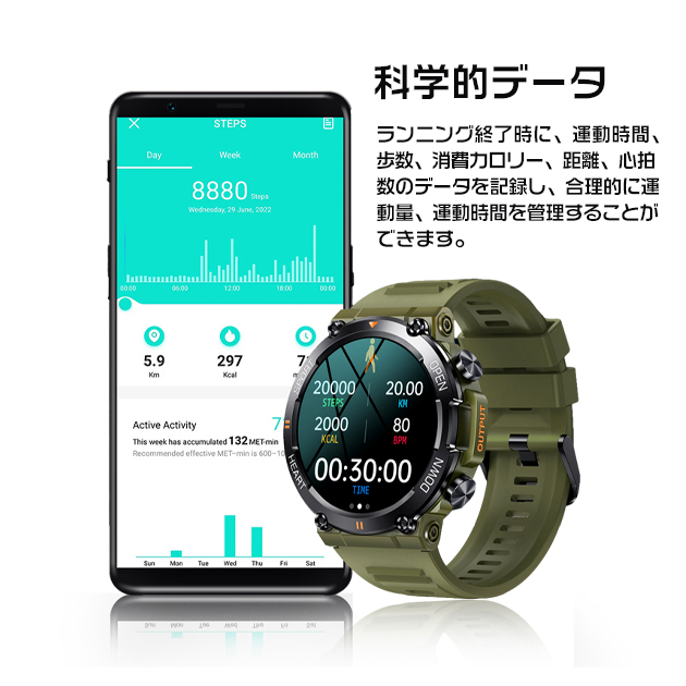 スマートウォッチ 軍用規格 軍用 丸型 2025 防水 ヘルスウォッチ 日本製センサー LINE 通話機能 血圧測定 体温 血圧 メンズ 万歩計 腕時計 iPhone対応 | iPhone | 08
