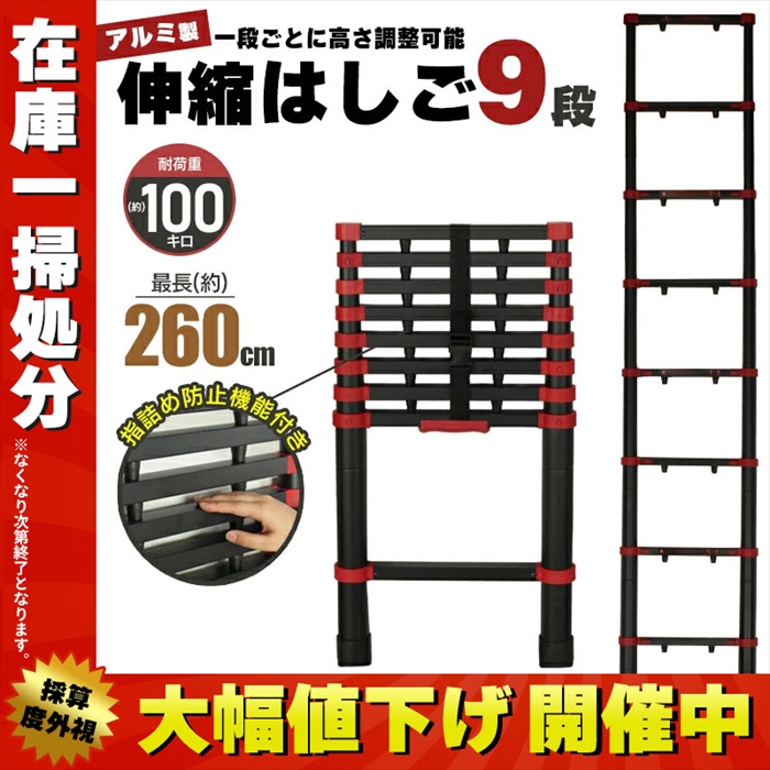 送料関税無料】 はしご 最安値に挑戦 伸縮 アルミ製 伸縮はしご 9段 幅