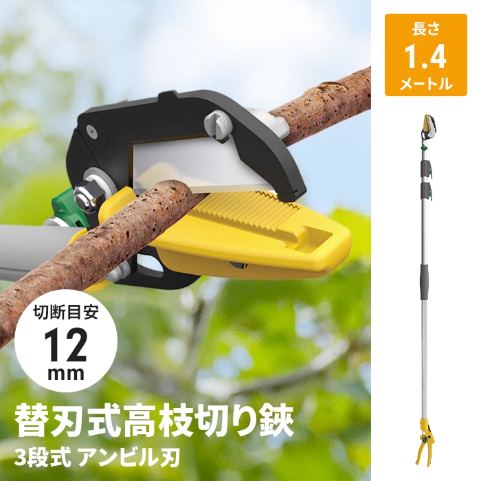 高枝切りバサミ 1.4〜3.1m 3段式 18段伸縮 高枝切り はさみ キャッチ機能 アンビル刃 薄刃 刃交換可 枝切り 果実採り