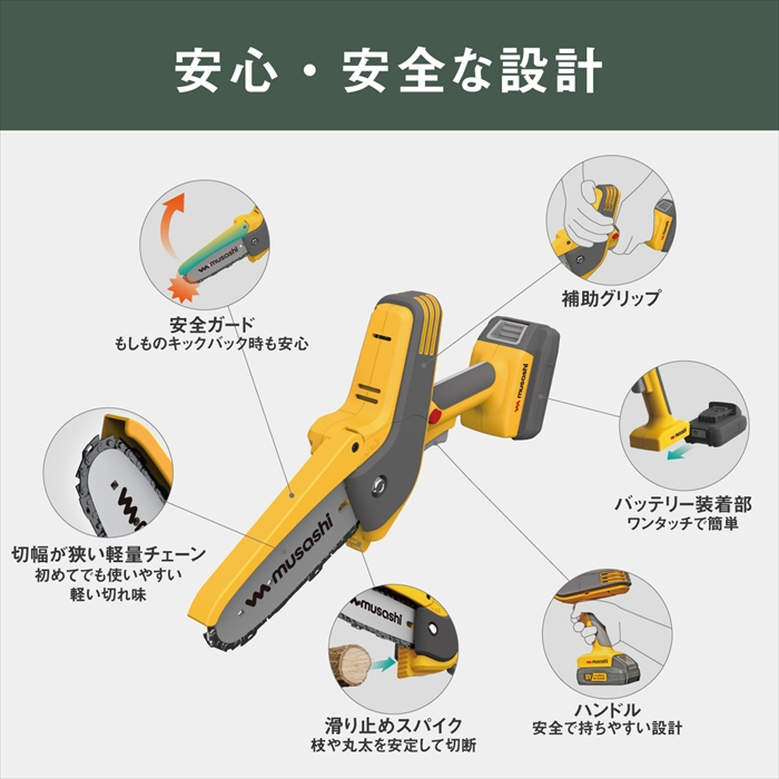 ハンディーチェーンソー 電動 ノコギリ 充電式 コードレス 