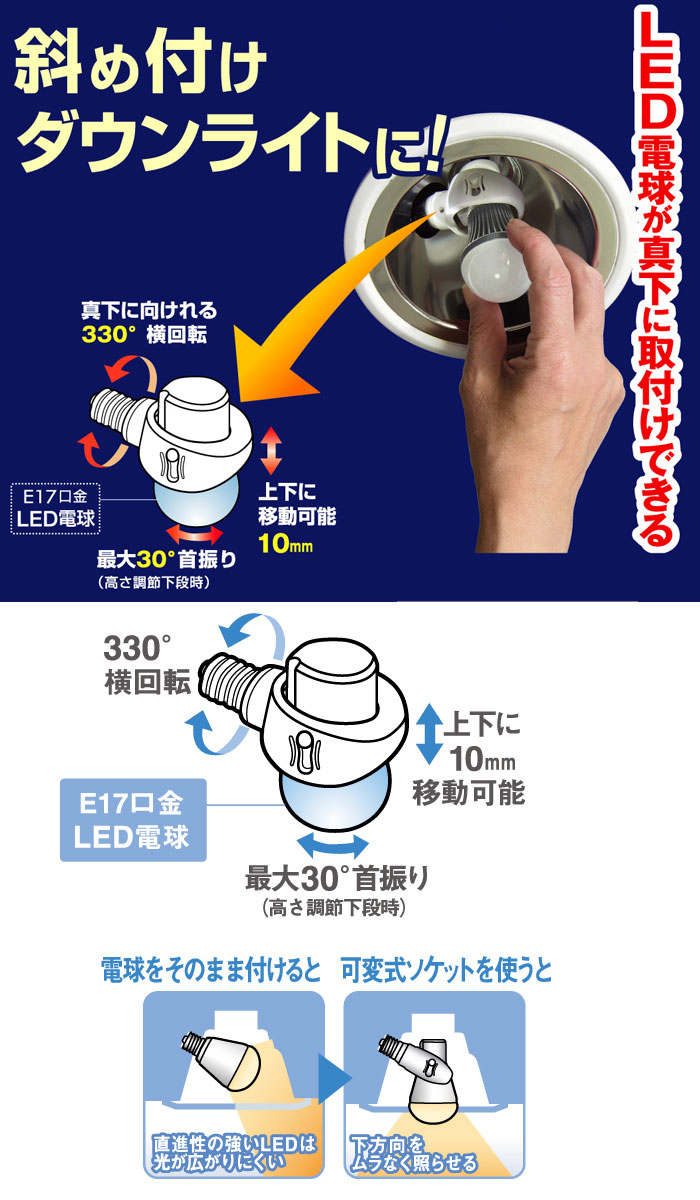 値下げ】 E17 LED電球用 可変式ソケット ※LED電球（E17口金）専用 斜め