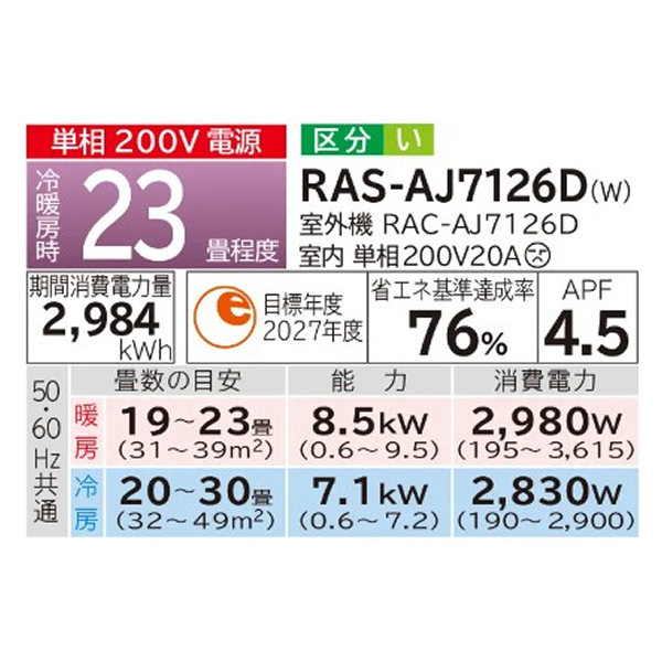RAS-AJ7126D]日立 ルームエアコン AJシリーズ 白くまくん 単相200V 23
