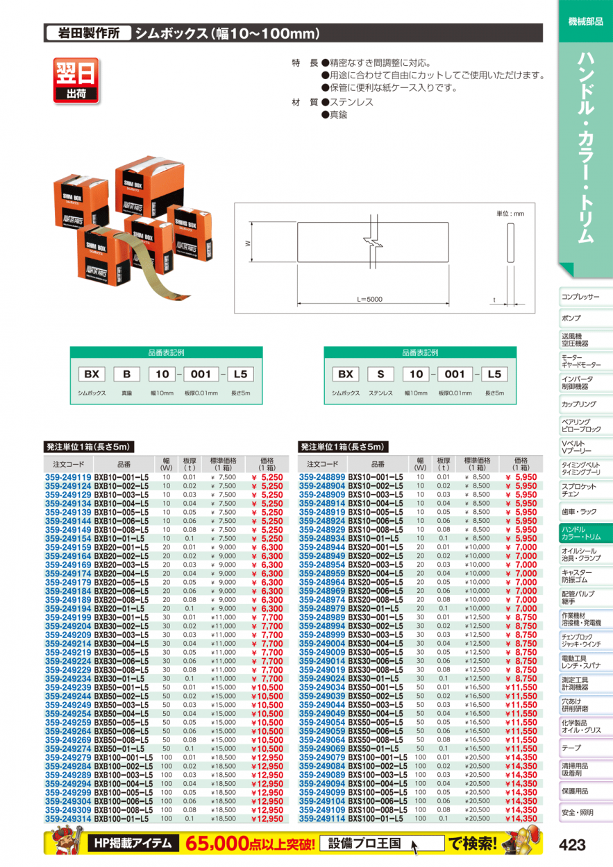 BXS50-005-L5 岩田製作所 シム シムボックス SUS304 5m巻 紙製ケース