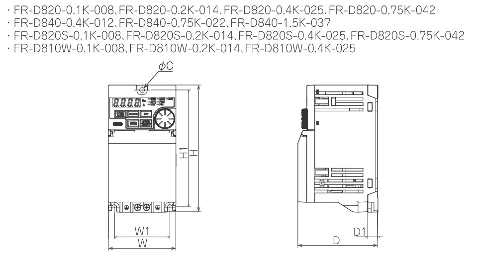 三菱 インバータ D800シリーズ 寸法