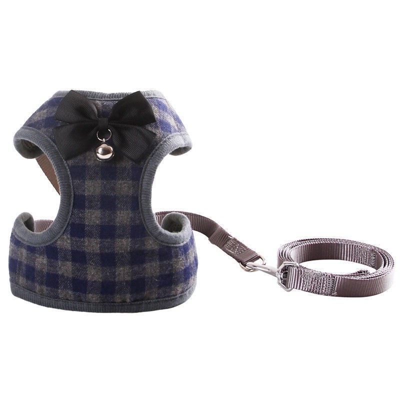 犬 猫 ハーネス リード付 ペット 服 リボン チェック 蝶ネクタイ  胴輪 キャット ドッグ メッシュ |  | 02
