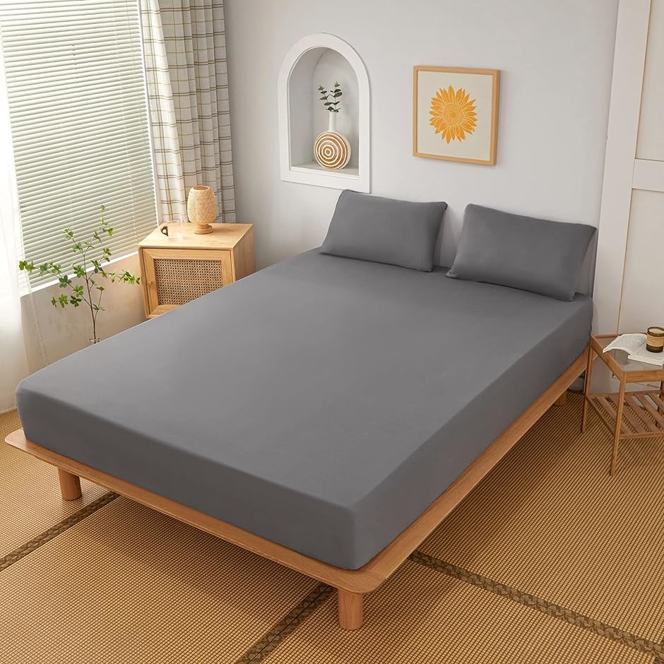 のびのび ボックスシーツ ストレッチ 厚み3cm〜28cmまで 年間使える おしゃれ( Gray, ダブル〜クイーンサイズ) シーツ、カバー 