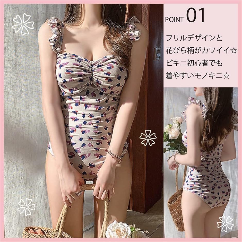 水着 ワンピース ビキニ 花柄 フラワー フリル ギャザー パッド入り スイムスーツ 可愛い スイムウェア( ネイビー,  L) | ブランド登録なし | 02