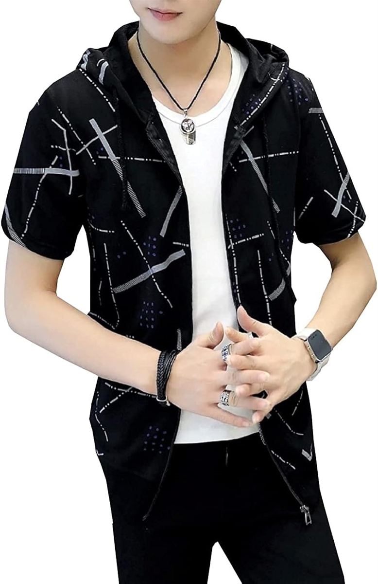 メンズ 半袖 パーカー 幾何学柄 アウター フード トップス ジップアップ 羽織(ブラック,  XL) | ブランド登録なし