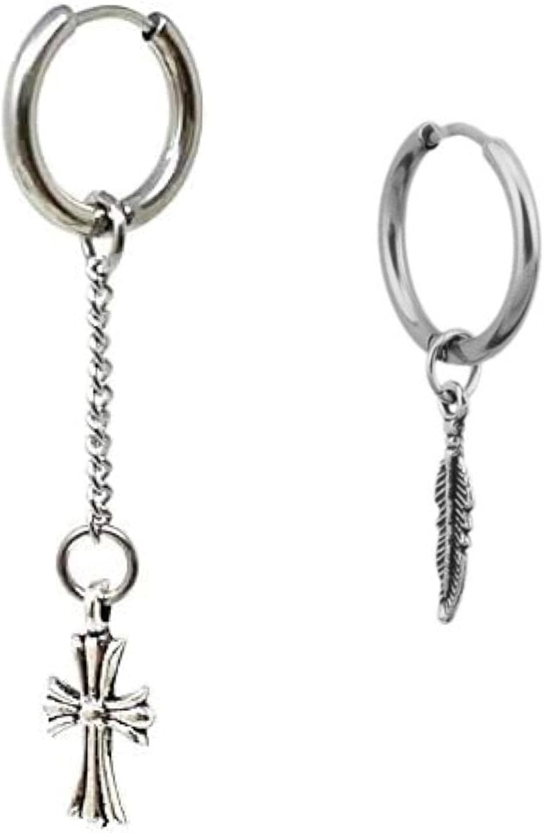 Yahoo! Yahoo!ショッピング(ヤフー ショッピング)ピアス メンズ 人気 フープ 両耳 クロス フェザー 金属アレルギー対応 リング（steel,  クロスロングチェーン x フェザー）
