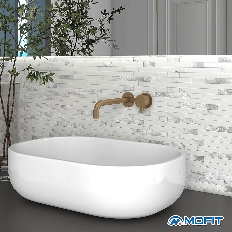 MOFIT 3d タイルシール キッチンタイル、大理石調タイルシール タイルシート トイレ 壁シート 洗面所 防水 MDM(白と銀,  5 枚) | ブランド登録なし | 02