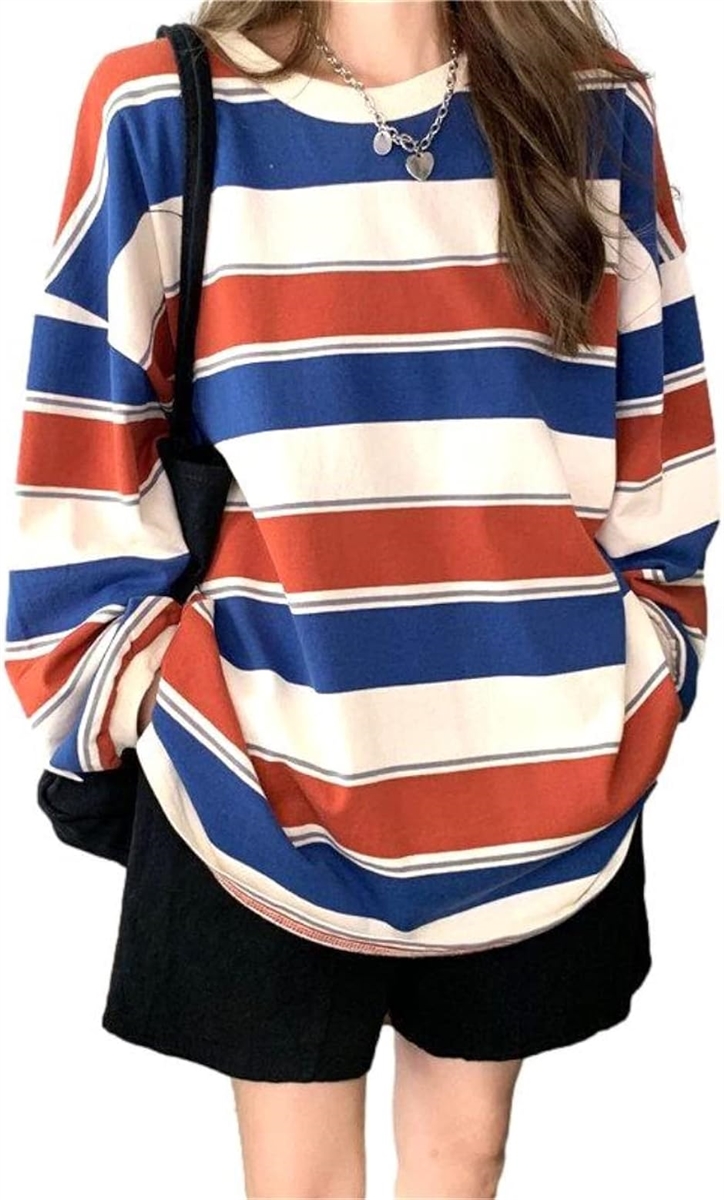 ボーダー柄 ロンT ゆる 長袖 ビッグシルエット カットソー 大きいサイズ レディース TSHT014( ブルー/レッド,  M) | ブランド登録なし