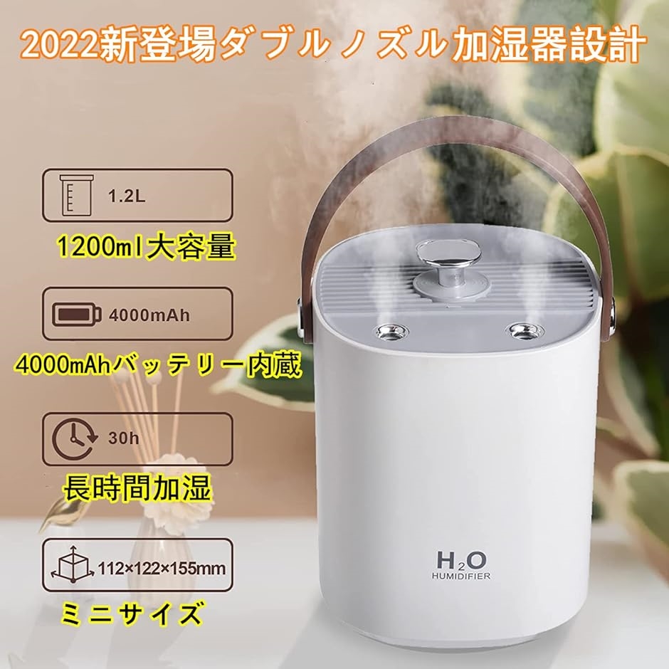 加湿器 ダブルノズル加湿器卓上 1.2L USB充電式 4000mAhバッテリー内蔵