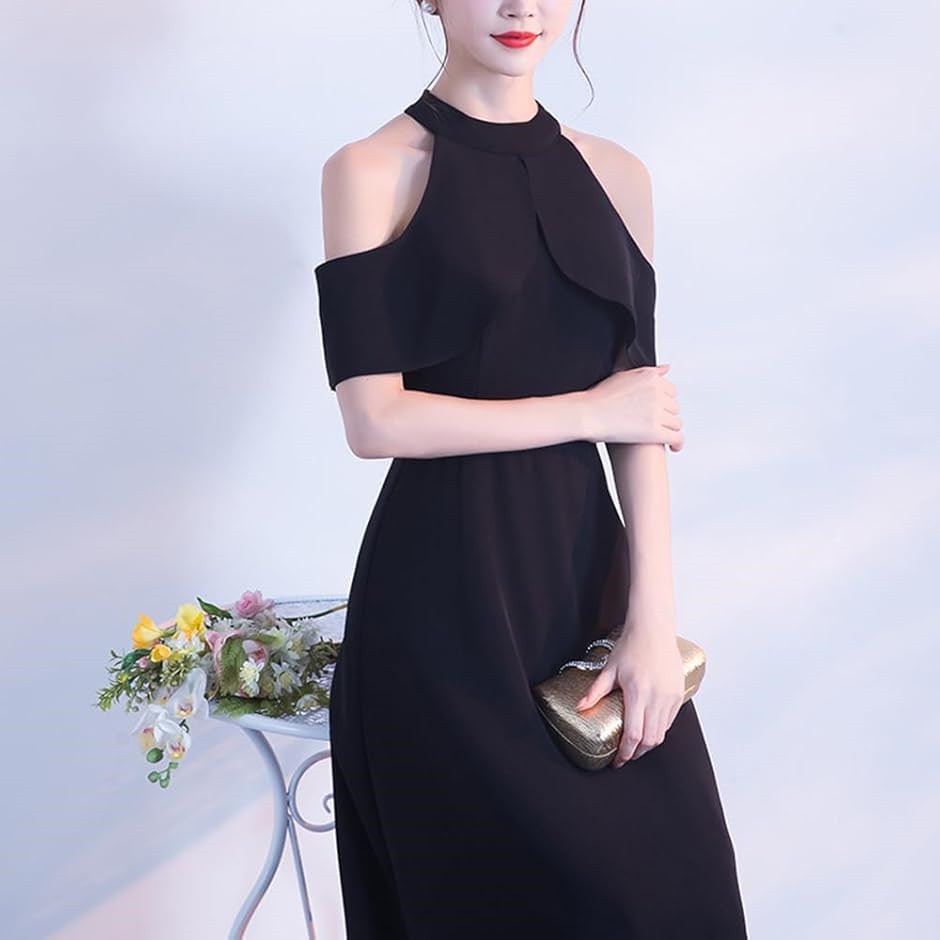 ゆったり Aライン ロングドレス ハイウエスト キャバドレス フレアスカート 上品 清楚 ホルターネック 結婚式( ブラック,  S) | ブランド登録なし | 07