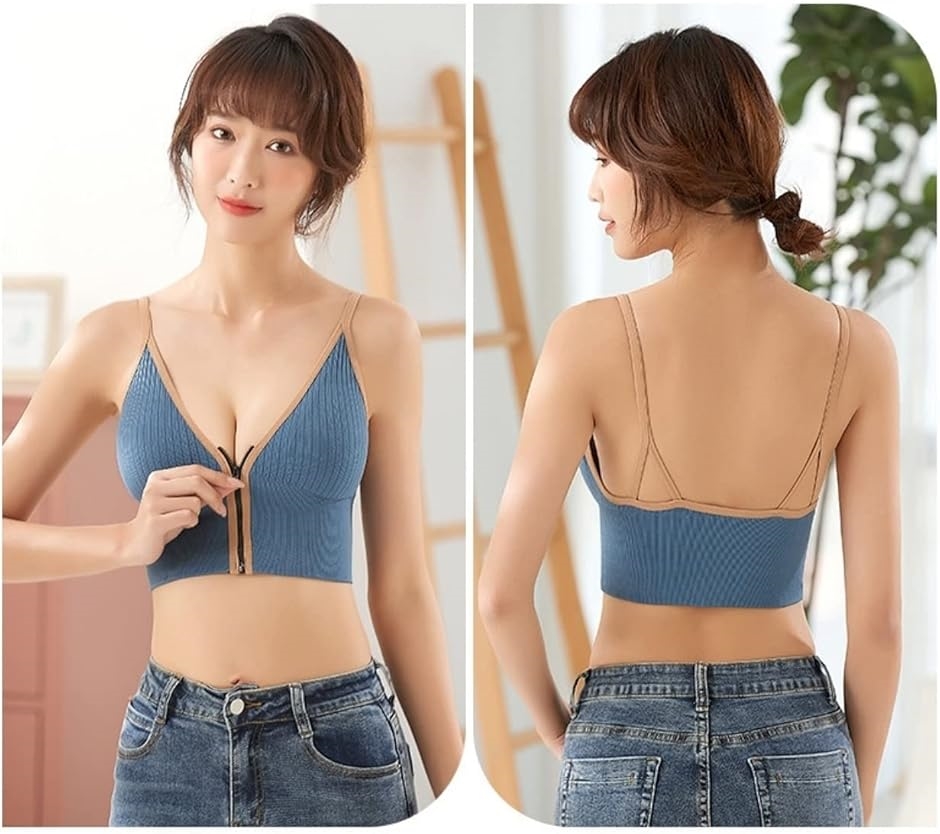 ブラジャー フロント ファスナー ジッパー ノンワイヤー 無地 ナイト Tシャツ 青(ブルー,  Free Size) | ブランド登録なし | 03