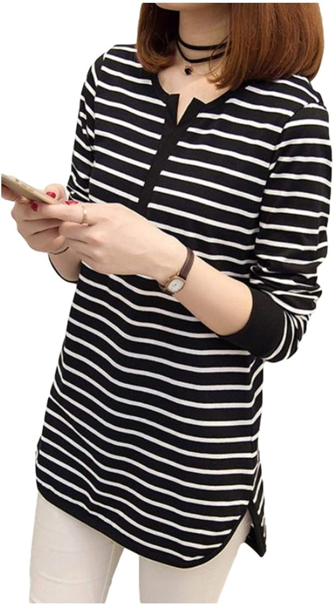 ジーティアモ ボーダー ロング T シャツ レディース ストライプ 長袖 丈 カットソー トップス スリット 入り( ブラック,  L) | ブランド登録なし