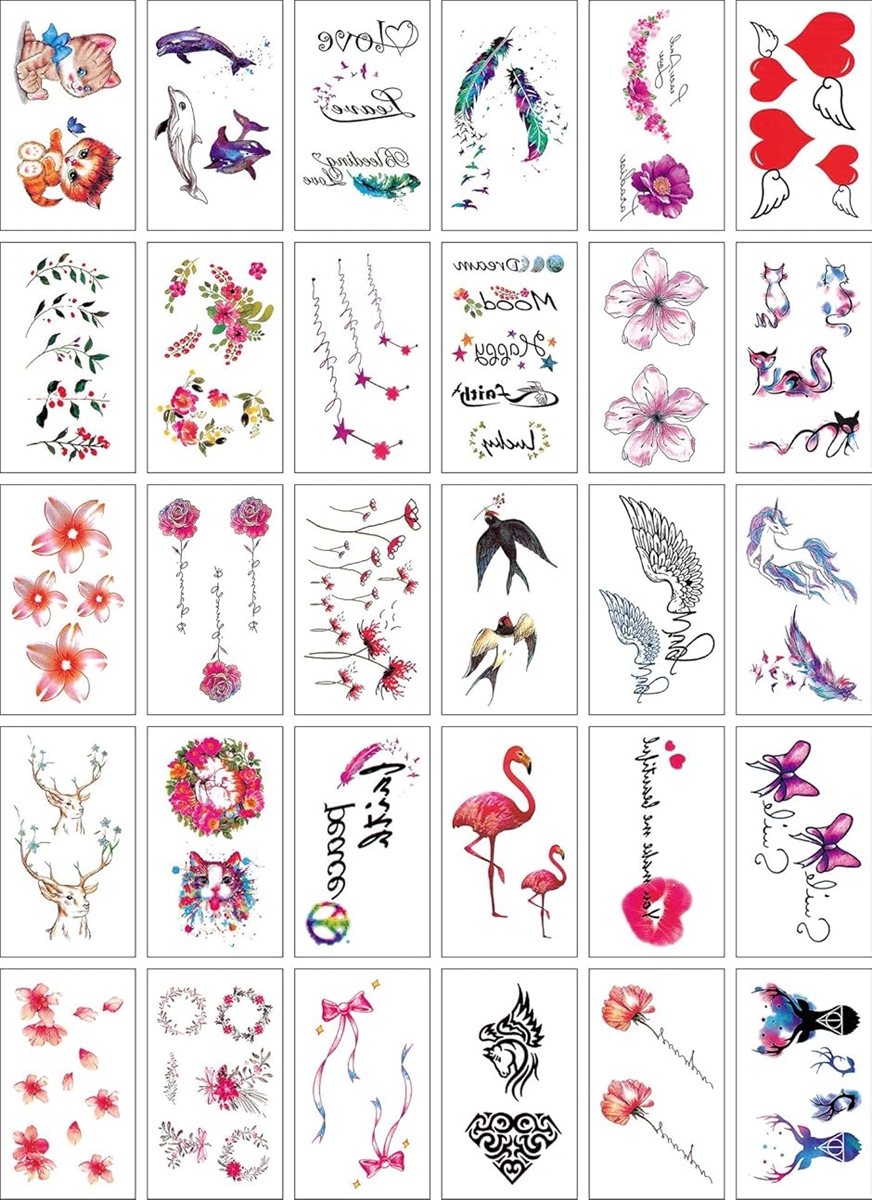 タトゥーシール 総絵柄数 90点 防水 TATTOO 30枚セット Pellfolia 猫 イルカ ハート フラミンゴ リース( 17)