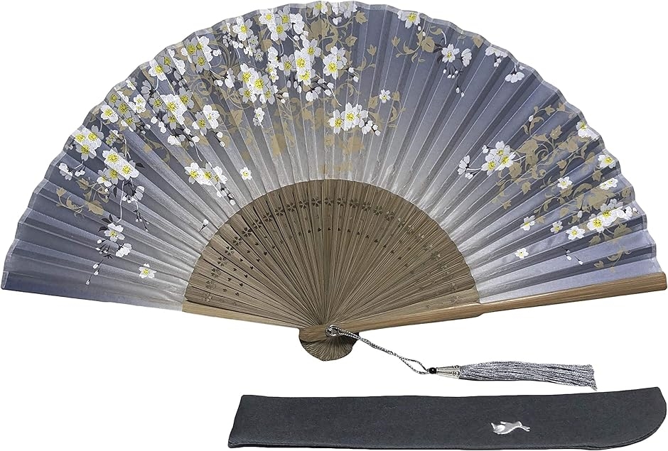 扇子 レディース 季節の花々 桜 桔梗 牡丹 蓮 扇子入れ 箱入り(グレー,  フリー) | ブランド登録なし