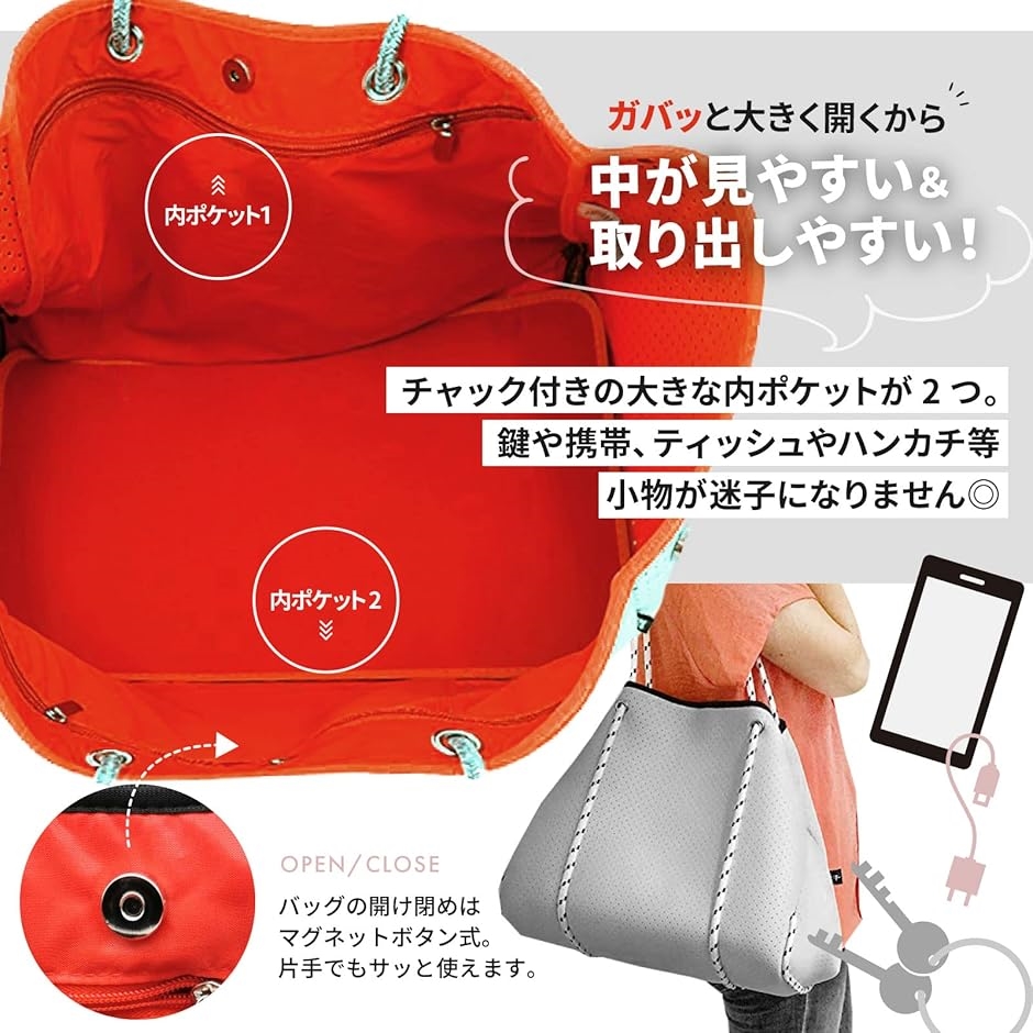 ポーチ付 ネオプレーントートバッグ マザーズバッグ バイカラー 大きめ A4 A3 LL 子供のおむつ 大量の荷物 レジャー( グレー) | ブランド登録なし | 03