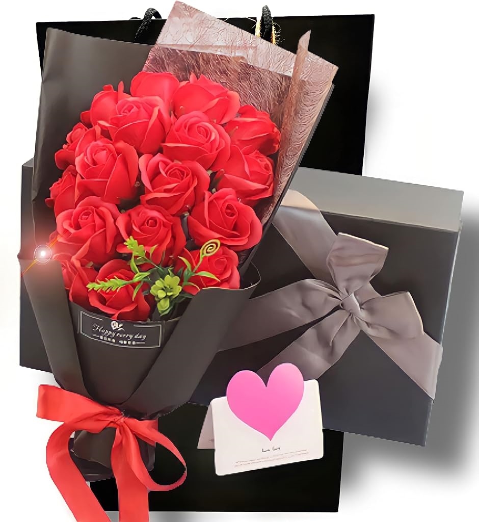 セブンリーフソープフラワー 結婚記念日 薔薇 花束 プレゼント ギフト 造花 誕生日 還暦 母の日 父の日 メッセージカード 18本 レッド 在庫一掃