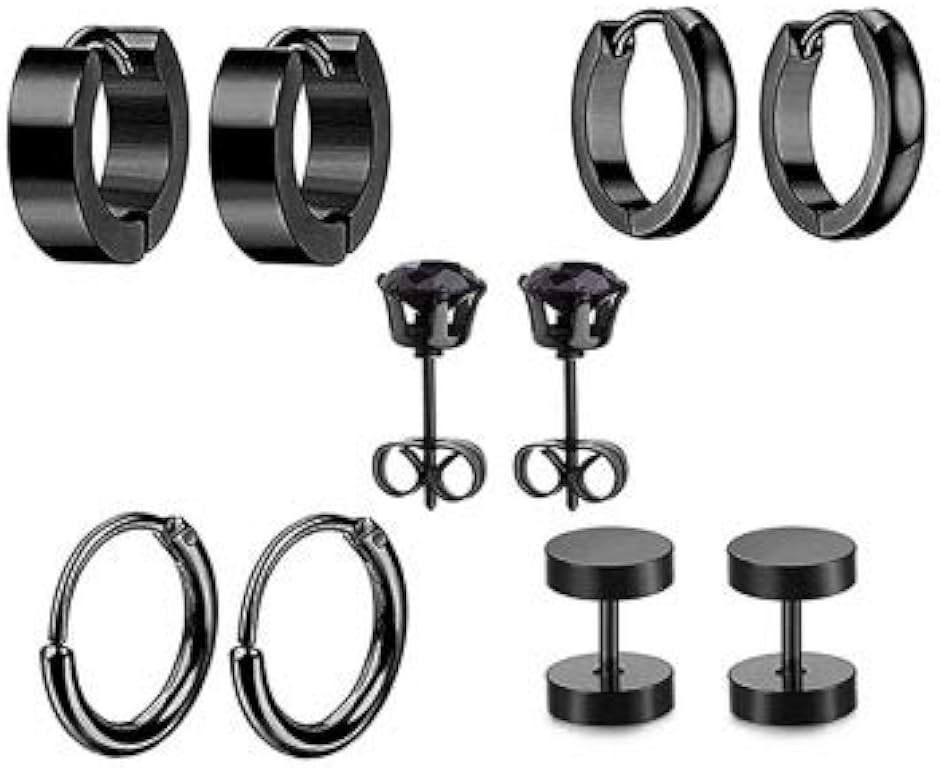 Yahoo! Yahoo!ショッピング(ヤフー ショッピング)メンズ ピアス 5ペアセット フープ レディースピアス ユニセックス 両耳用 サージカルステンレス おしゃれ かっこいい（ブラック）