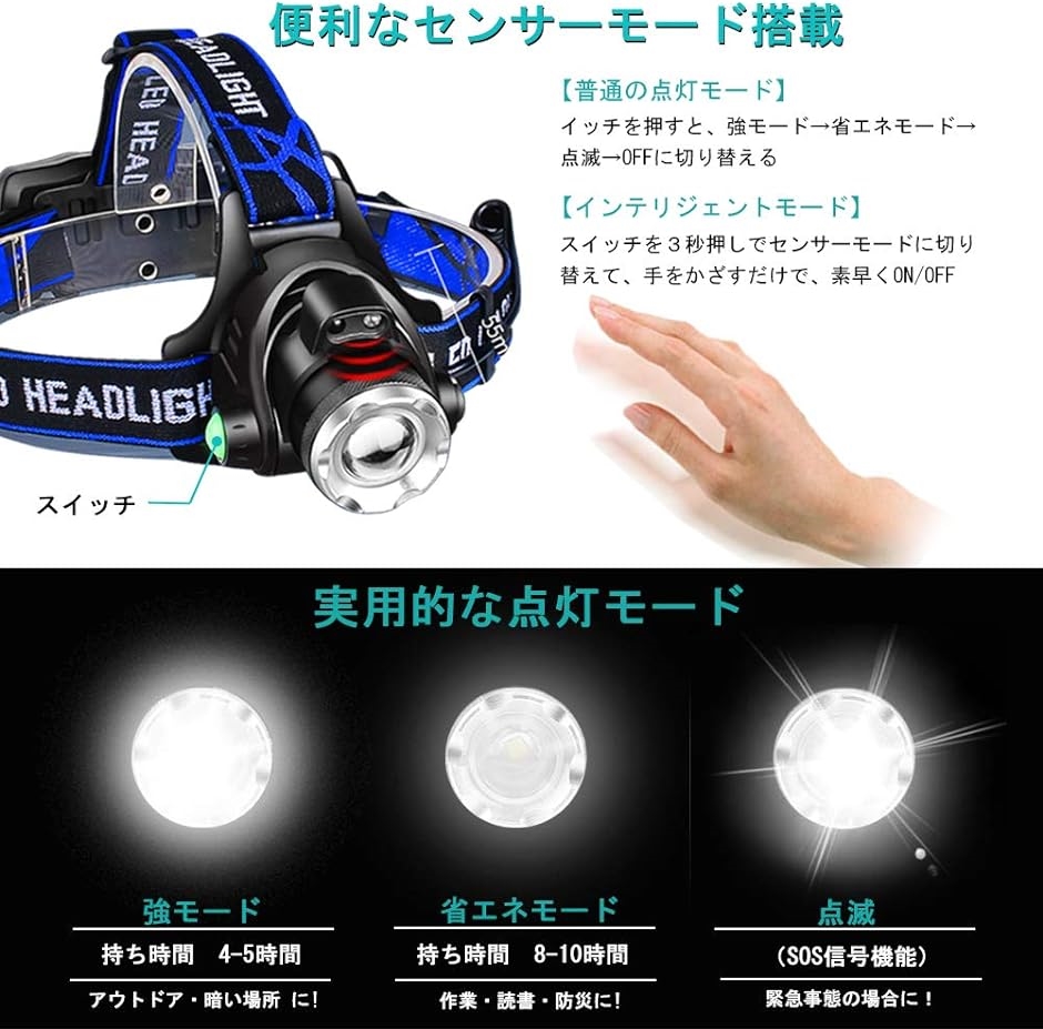 LED ヘッドライト 充電式 センサー ヘッドランプ 防水機能 3モード高輝度LED 単眼ライト 作業灯 登山 釣り ランニング 夜釣り  :2B8P52U8LO:セブンリーフ - 通販 - Yahoo!ショッピング