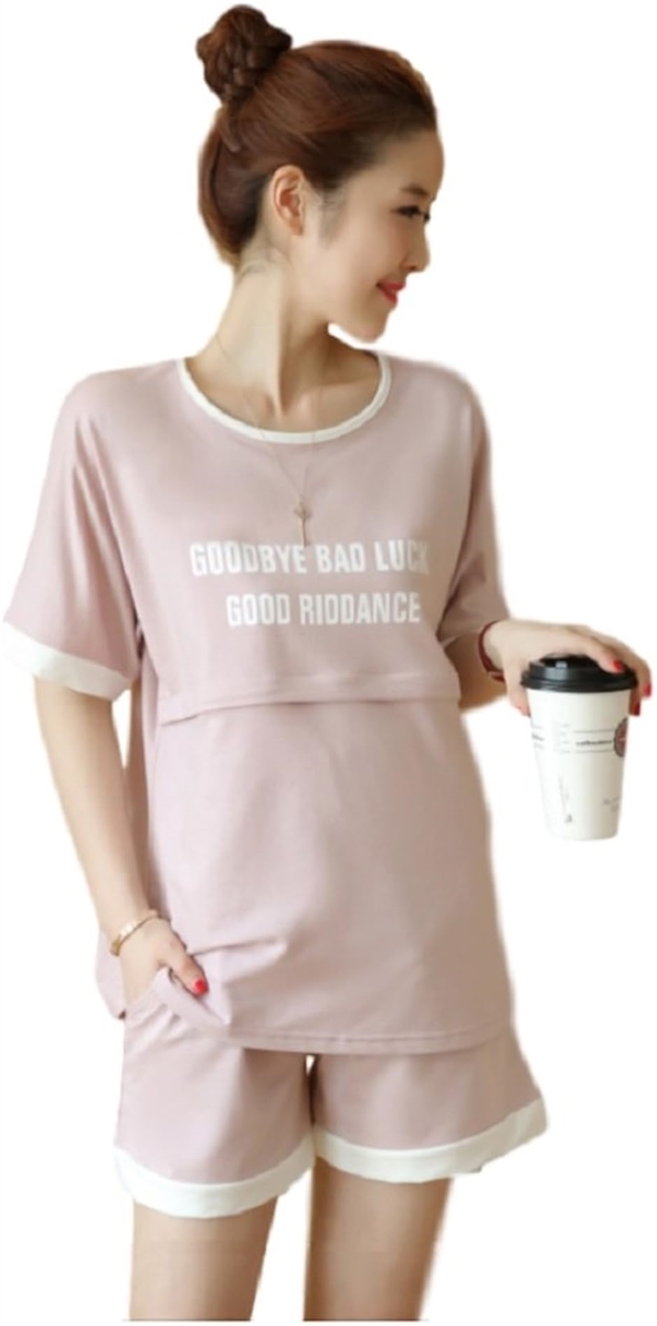 ミウォルナ マタニティ 授乳服 パジャマ ルームウェア セットアップ スウェット 授乳口 前開き 半袖 半パン(ピンク, XL)