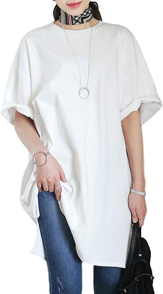 スリーピングシープ サイドスリット ゆったり 半袖 ロング丈 Tシャツ ルームウェア 楽ちん ビッグT( ホワイト,  L (M-L)) | ブランド登録なし