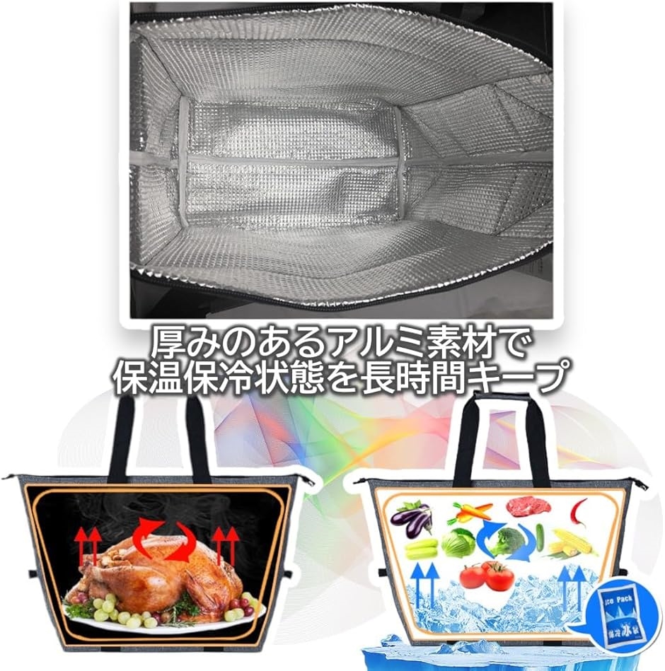 ケンアール 保冷バッグ 大容量 トート 折り畳み ファスナー クーラー エコバッグ レジカゴ マチ広 軽量 大きめ シンプル(ブラック) | ブランド登録なし | 07