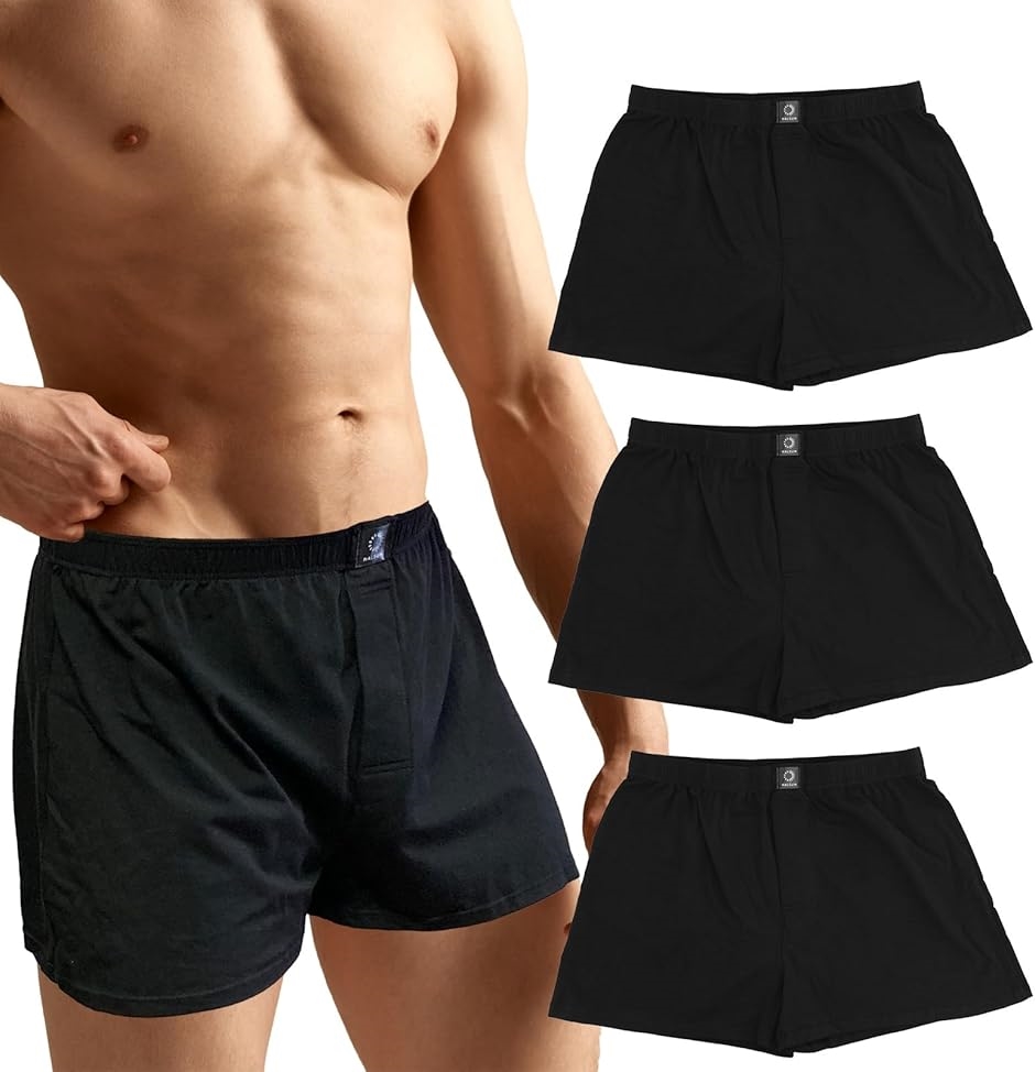 ニット トランクス パンツ メンズ 下着 前開きボタン付き 3枚組 S(ブラック,  S Regular) | ブランド登録なし