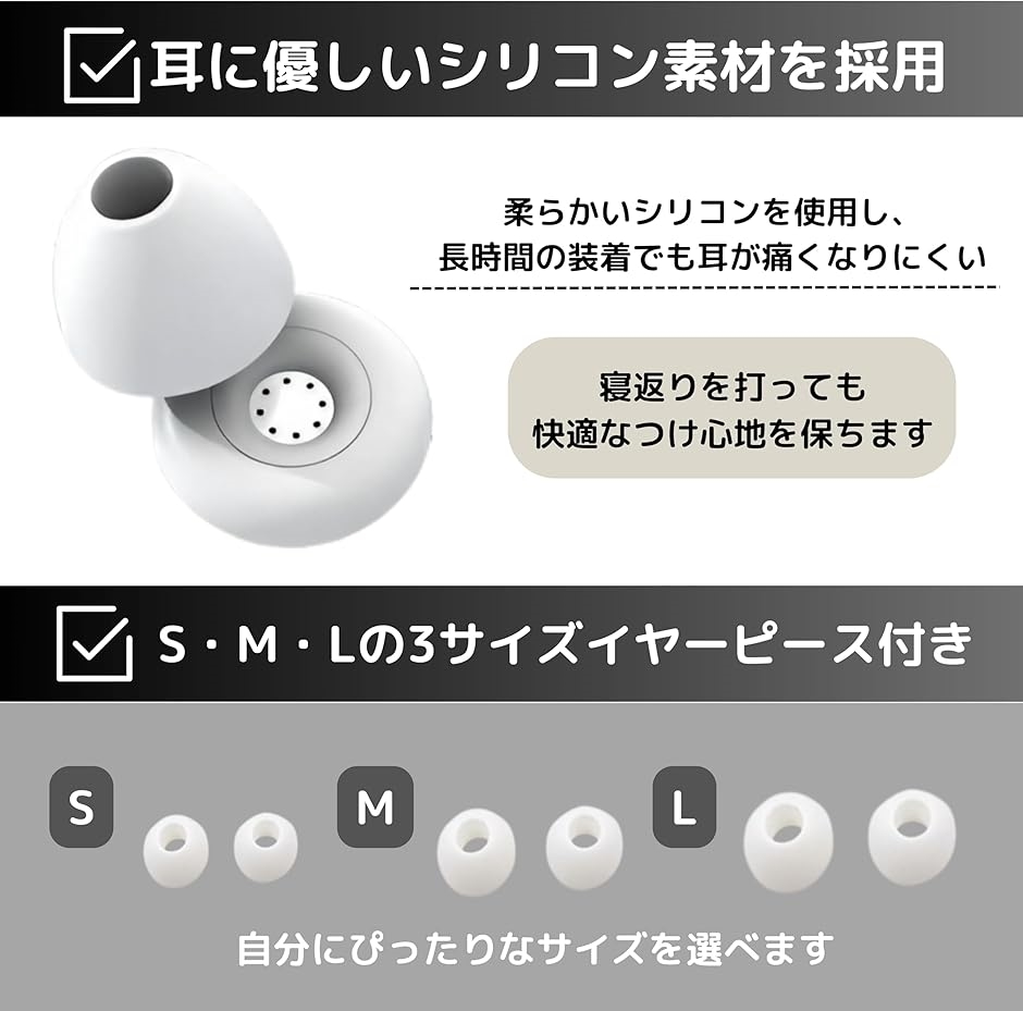 耳栓 睡眠用 28dB 防水 シリコン いびき対策 聴覚過敏 飛行機 勉強 洗える 白 SML3種のイヤーピース・ケース付(ホワイト) | ブランド登録なし | 02