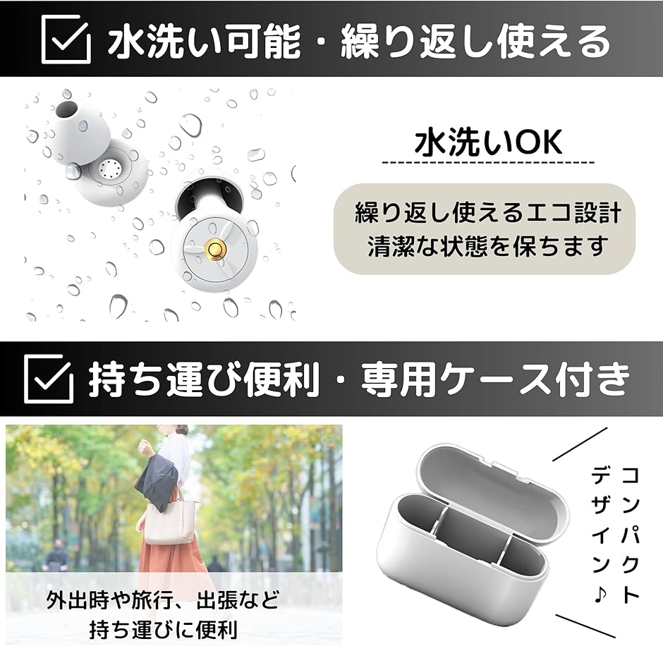 耳栓 睡眠用 28dB 防水 シリコン いびき対策 聴覚過敏 飛行機 勉強 洗える 白 SML3種のイヤーピース・ケース付(ホワイト) | ブランド登録なし | 03