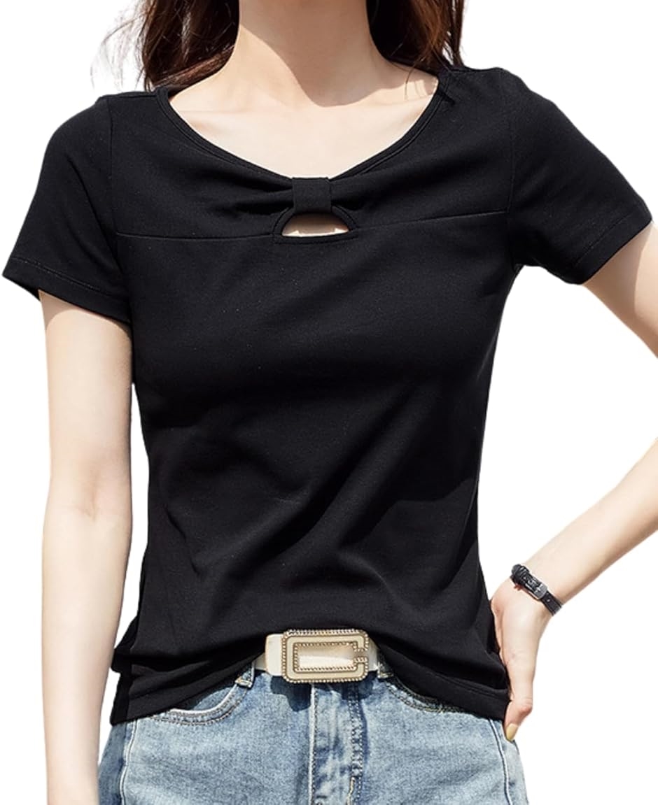 エリクシオ レディース Tシャツ トップス 半袖 Vネック カットソー 夏 綿 無地 カジュアル おしゃれ(ブラック,  2XL) | ブランド登録なし