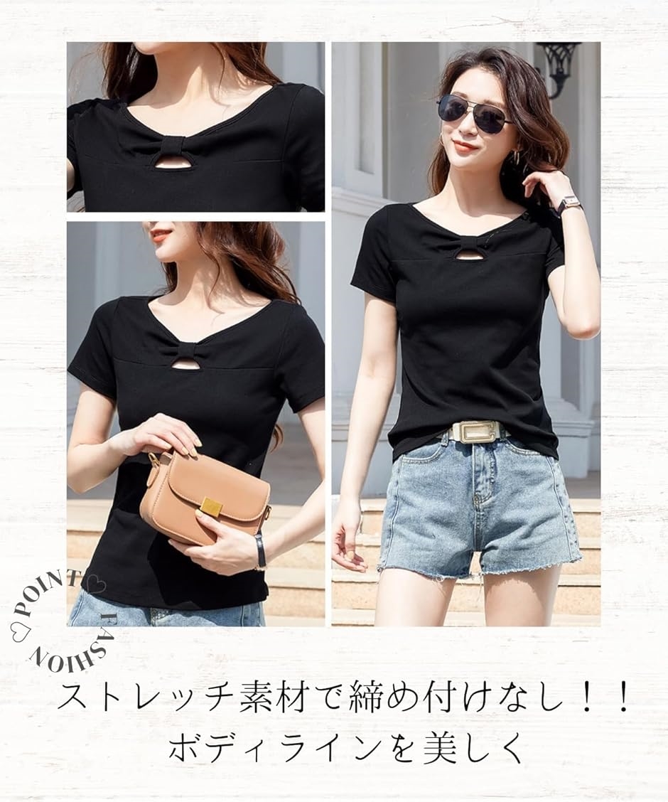 エリクシオ レディース Tシャツ トップス 半袖 Vネック カットソー 夏 綿 無地 カジュアル おしゃれ(ブラック,  2XL) | ブランド登録なし | 03