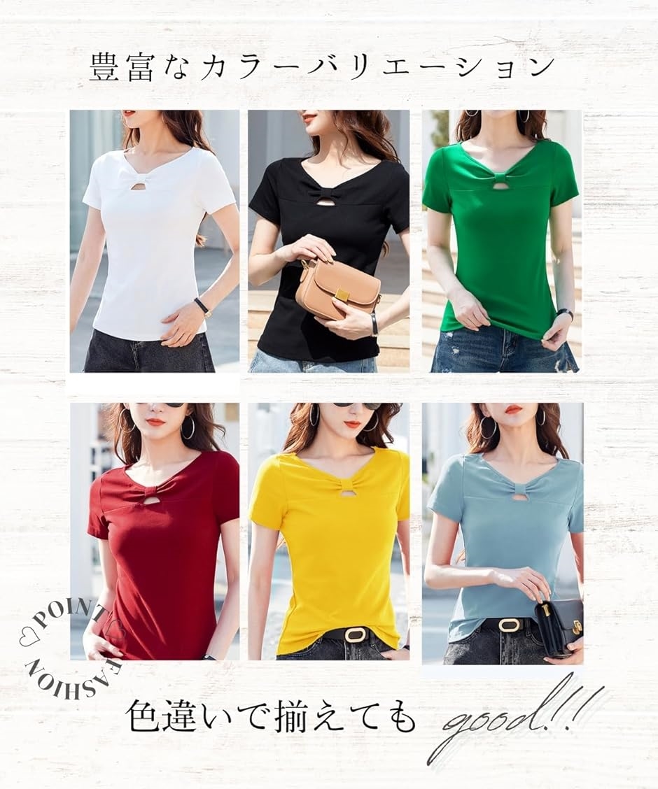 エリクシオ レディース Tシャツ トップス 半袖 Vネック カットソー 夏 綿 無地 カジュアル おしゃれ(ブラック,  2XL) | ブランド登録なし | 05