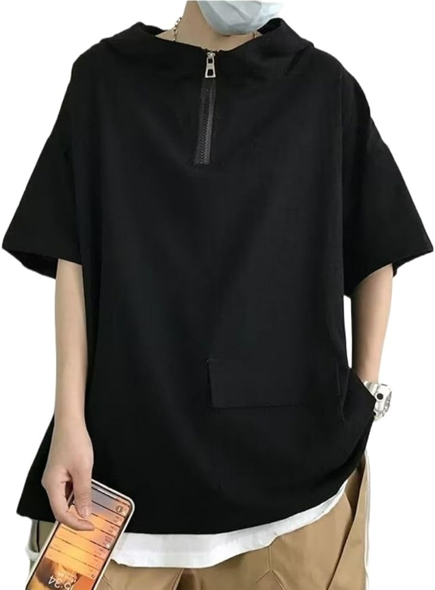 パーカー メンズ 夏 半袖 トップス 大きいサイズ 薄手 ファスナー ポケット 付 無地 春 Tシャツ フーディー(ブラック,  L) | ブランド登録なし