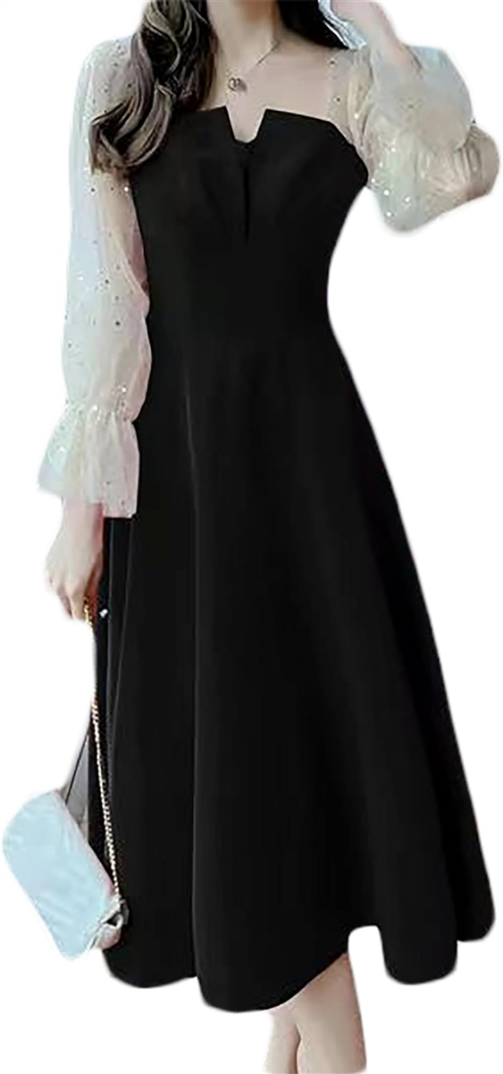 ベイブスター ドレス ワンピース レディース パーティー シアー スパンコール ひざ丈 長袖 レース 黒( ブラック,  L Slim) | ブランド登録なし