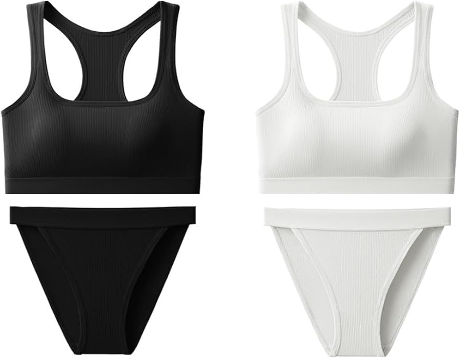 スポーツブラ 上下セット 2枚 フリーサイズ セクシー Y字バック 下着 F(ホワイトブラック,  Free Size)