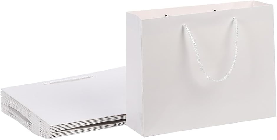 ギフトバッグ 紙袋 ラッピング シンプル 手提げ 厚手 横型 無地 10点セット(ホワイト,  M)｜セブンリーフ