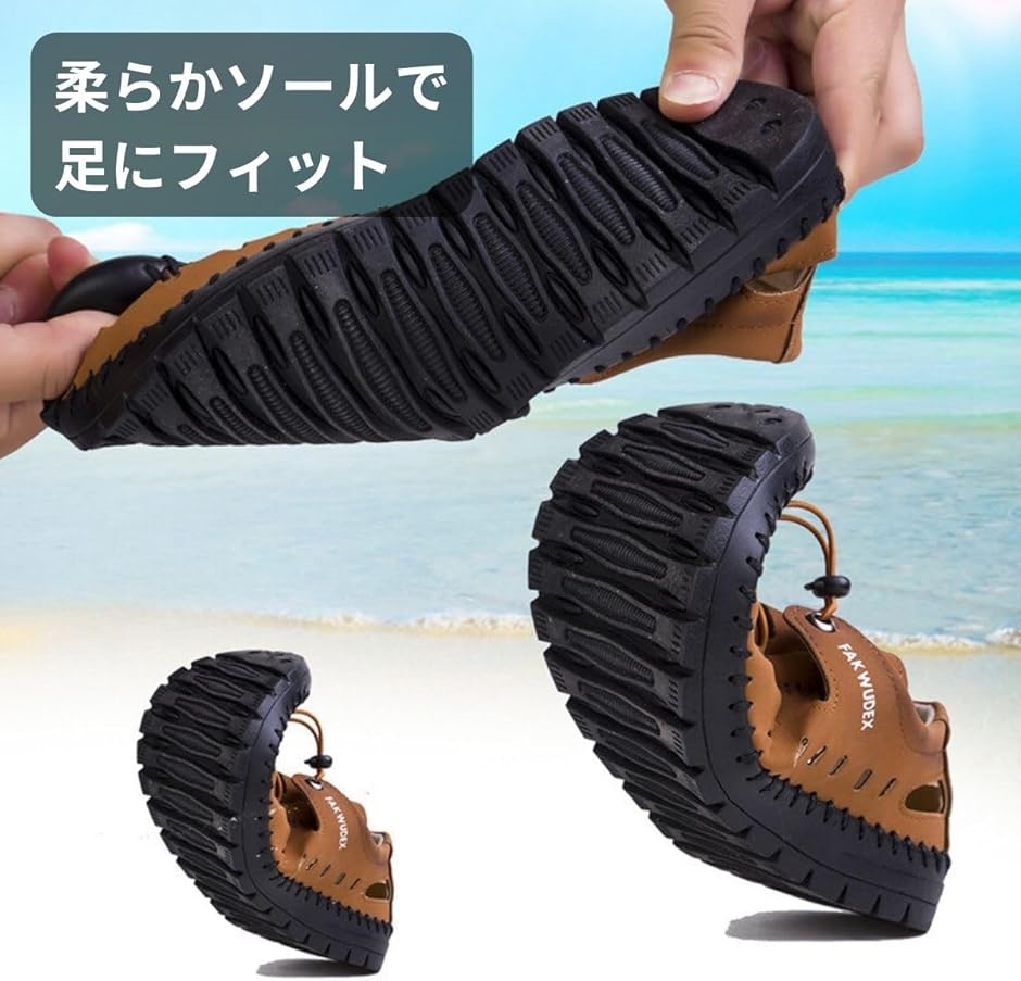 スポーツ サンダル メンズ 結ばない 靴ひも PUレザー 水遊び ゴム留め 通気性 軽量 履きやすい(ブラック,  27.0 cm) | ブランド登録なし | 02