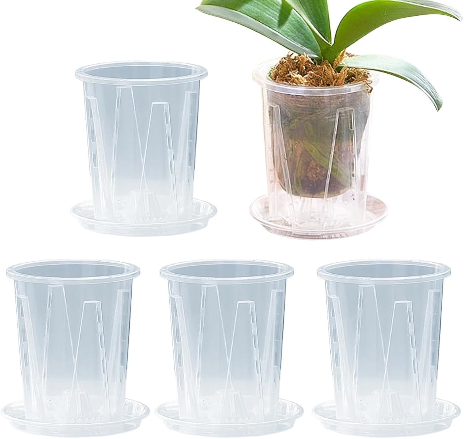 植木鉢 透明 底皿付き スリット鉢 観葉植物 プラスチック プラ鉢 5個セット(クリア,  10cm) | ブランド登録なし