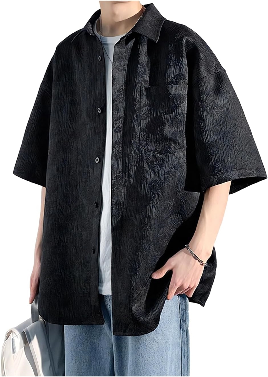 クロス 半袖シャツ メンズ ボタニカル カジュアルシャツ ゆったり 総柄シャツ 大きいサイズ オシャレ 襟付き(ブラック,  XL) | ブランド登録なし