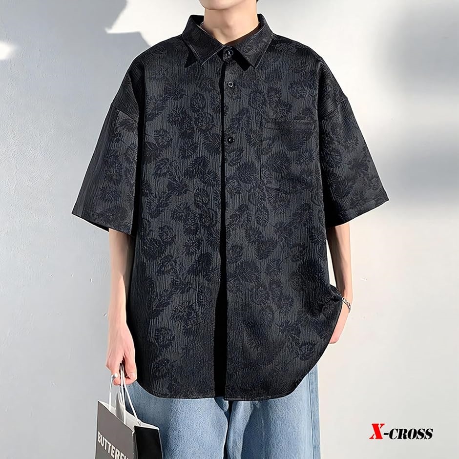 クロス 半袖シャツ メンズ ボタニカル カジュアルシャツ ゆったり 総柄シャツ 大きいサイズ オシャレ 襟付き(ブラック,  XL) | ブランド登録なし | 02
