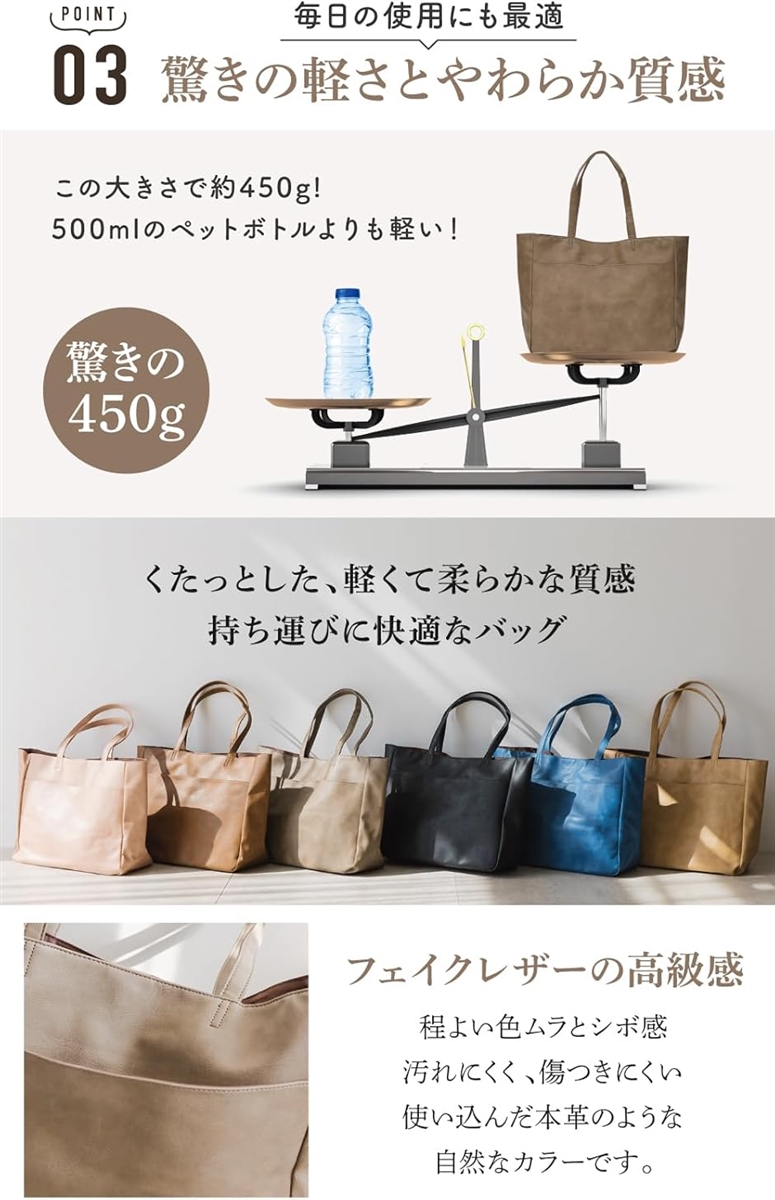 トートバッグ レディース ビジネストート 大容量 A4 軽量 ポケット 通勤 通学 マザーズバッグ フェイクレザー(ブラック) | ブランド登録なし | 05
