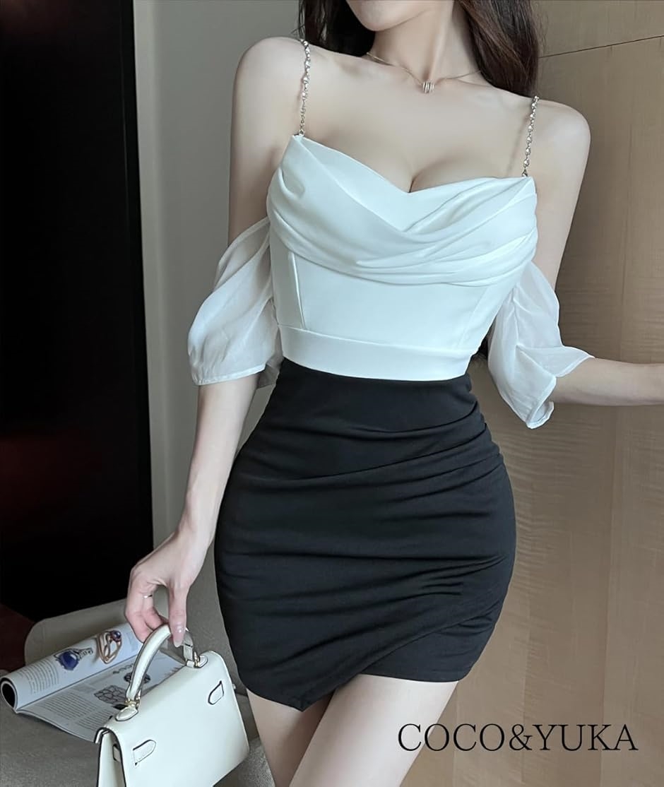 肩出し シフォン オフショルダー タイト ミニ ワンピース 胸元 セクシー キャバドレス 半袖 カシュクール( ホワイト,  S) | ブランド登録なし | 07