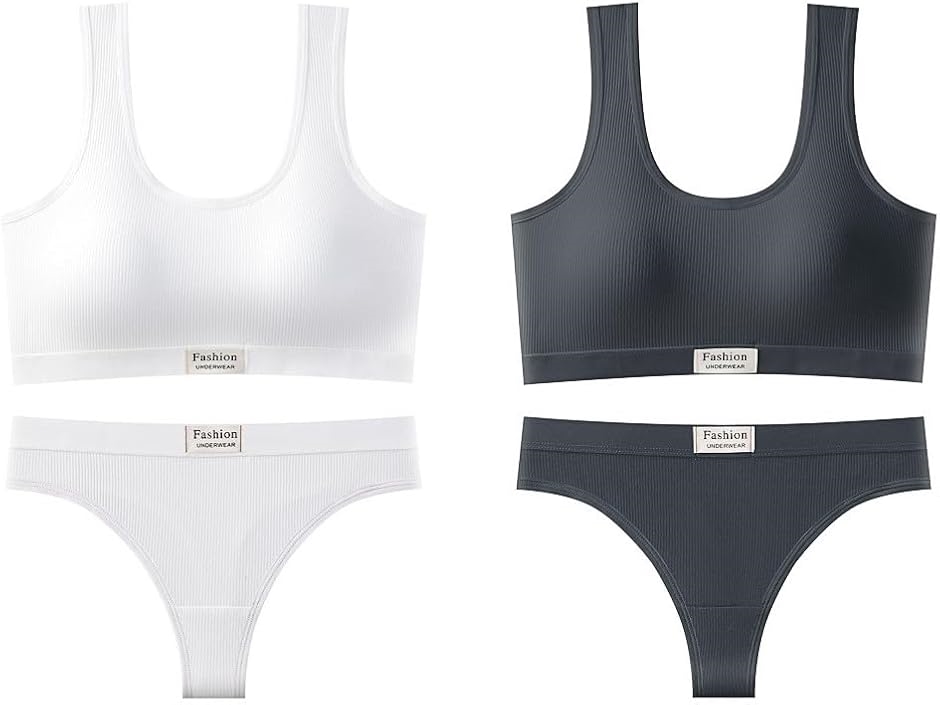 スポーツブラ 上下 セット セクシー Tバック フリーサイズ 2枚 下着 レッド F(ホワイトチャコールグレー, Free Size)