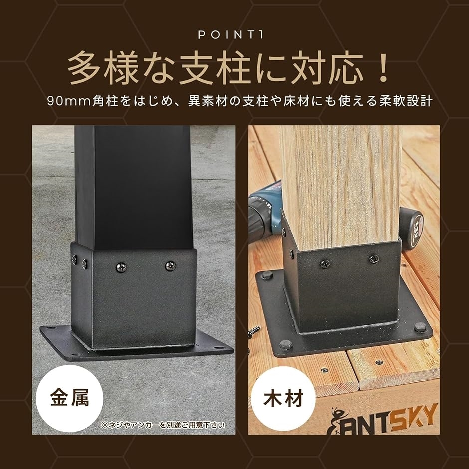 支柱固定金具 90ミリ角柱 ラティス ウッド フェンス(ブラック,  90mm角 4個セット) | ブランド登録なし | 02